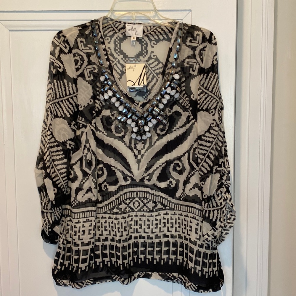 Milly of New York blouse; sz 6; black; beaded v-neck; 74% cotton; 26% silk; NWT